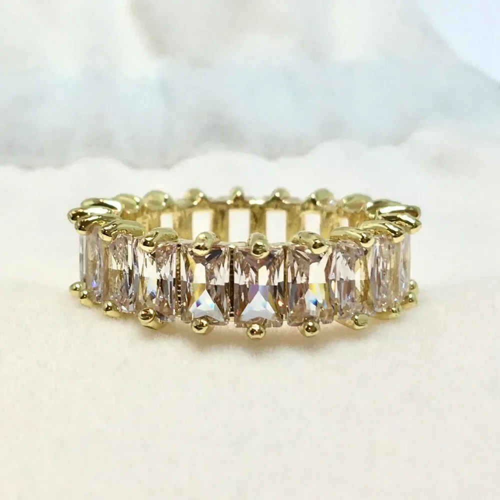 Yellow Gold Plated Eternity Ring Size 6.5 Wide Band Cubic Zirconia Baguettes